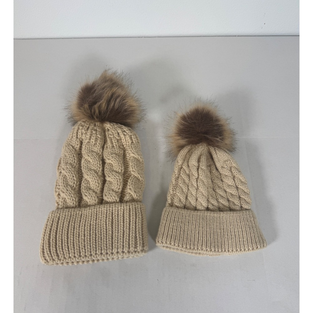 Matching Beanie Hats Pom Pom Cable Knit Winter Warm Ski Caps for Adult & Kids